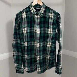 Lands' End Men's Green and White Plaid Shirt